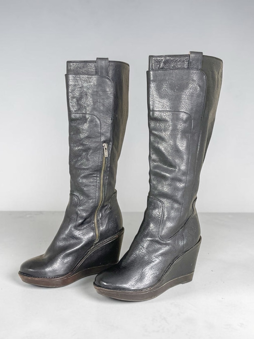 Vintage Frye Emma Black Wedge Knee High Boots Matrix Minimalist 9